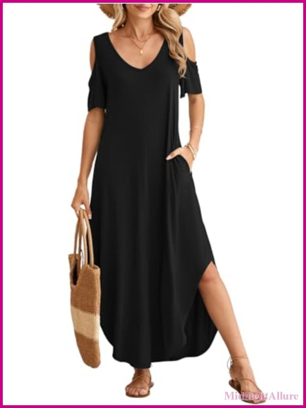 Plus Size Cold Shoulder Maxi Dress V Neck Short Sleeve Side Split Pockets Beach